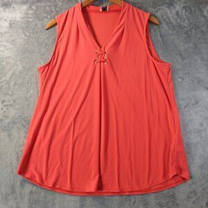 Anne Klein Womens Sleeveless Lace Up V Neck Top L Coral Stretchy Career Workwear